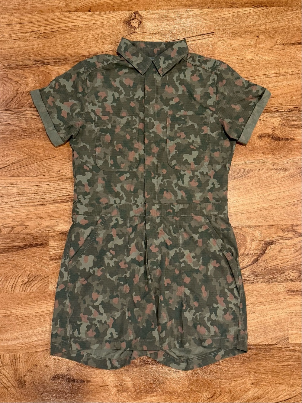 Title Nine Camo Short-Sleeve Utility Short Romper - Olive Green, Women's XS